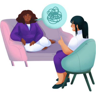 A person has their feet up on a couch as they talk to their therapist. The therapist has their finger raised.