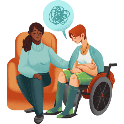 A person sits next to someone in a wheel chair. The person in the wheelchair looks sad and has a confused speech bubble above their head.