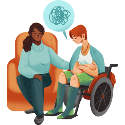 A person in a chair holds the hand of someone in a wheelchair, who looks upset