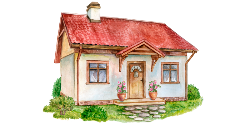 An illustration of a small house with a pebble pathway, a wooden front door, two windows and a red roof with a chimney.