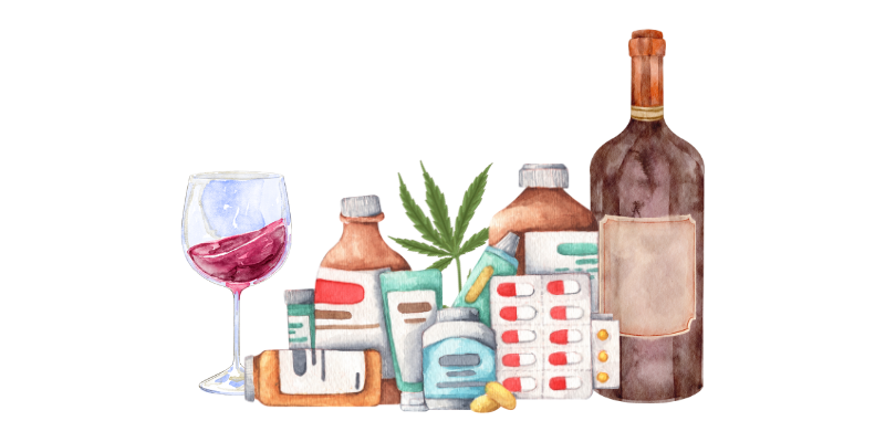 A wine glass, medicines, pill bottles, a plant leaf and a wine bottle.